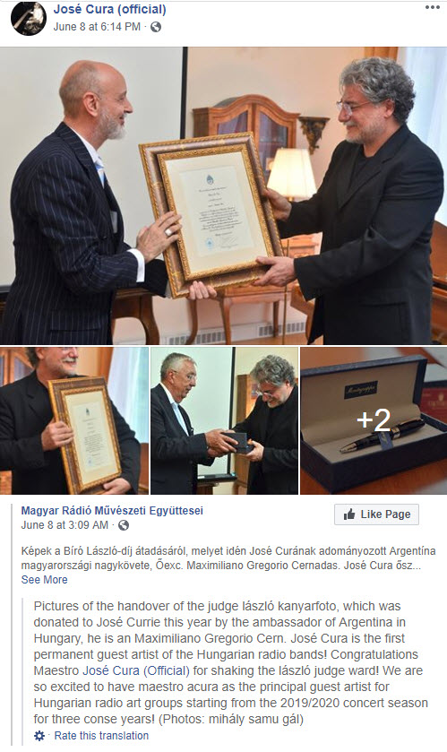 Jos Cura wins the Lazlo Biro Award, Budapest June 2019.