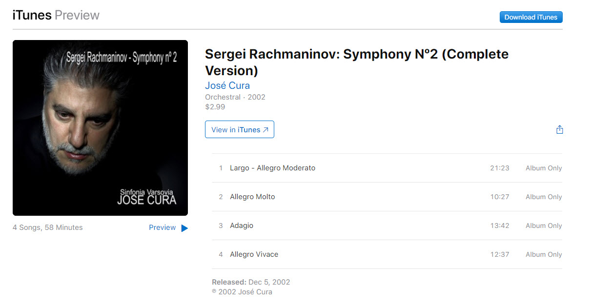 Jos Cura, Conductor, Rachmaninov 2nd Symphony CD Release 2002.