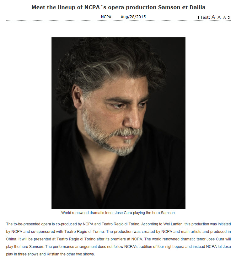 Jos Cura starring as Samson in the 2015 Beijing Opera production of Samsone et Dalila